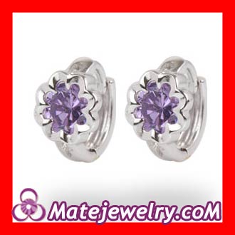 Sterling Silver Flower Huggie Hoop Earrings with Purple CZ