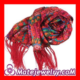 Long Oblong Red Fringed Silk Shawl 170×50cm Silk Scarf Painting Wholesale