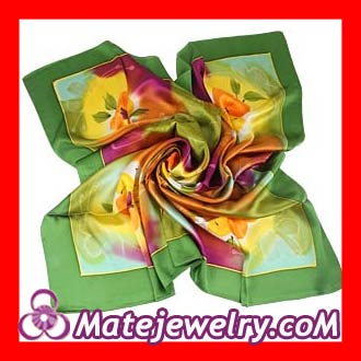 Green Floral Large Square Silk Scarves for Women 105×105cm Hand Painted Silk Scarf