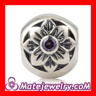 Antique Sterling Silver Flower Charm Beads With Purple Stone