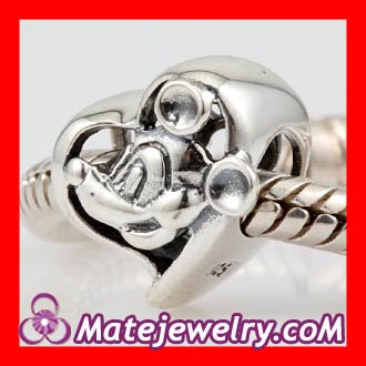 Antique Sterling Silver Love Heart Charm Beads with Micky Mouse Head