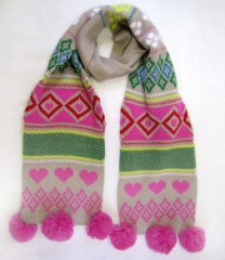 multi color acrylic jacquard scarf with pom-pom