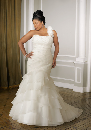 GEORGE BRIDE Plus Size Removable One Shoulder Organza Tiered Wedding Dress