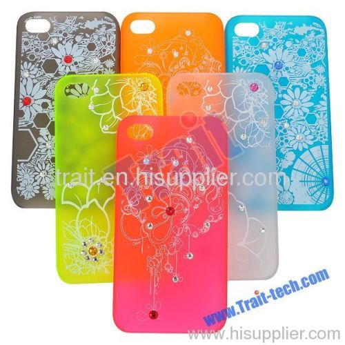 Transparent Flower Pattern with Diamonds Plastic Hard Case Cover for iPhone 4S