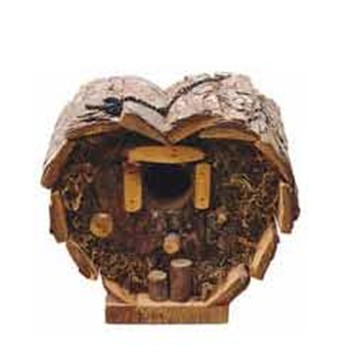 Bark wood with bird house with heart shape