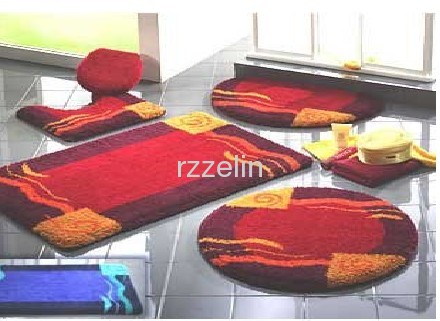 Red color acrylic shaggy bathroom mats set