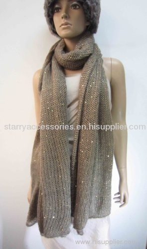 beige acrylic knitted scarf with sequins