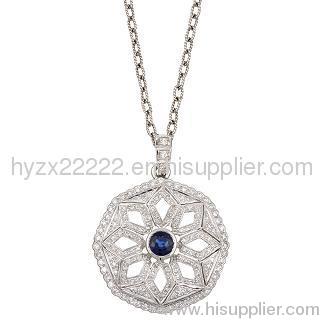 14k Gold Sapphire Diamond Necklace,Diamond Pendant,Fine jewelry