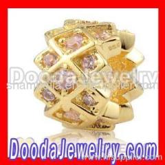 Gold european Charm Bead With Pink Stone