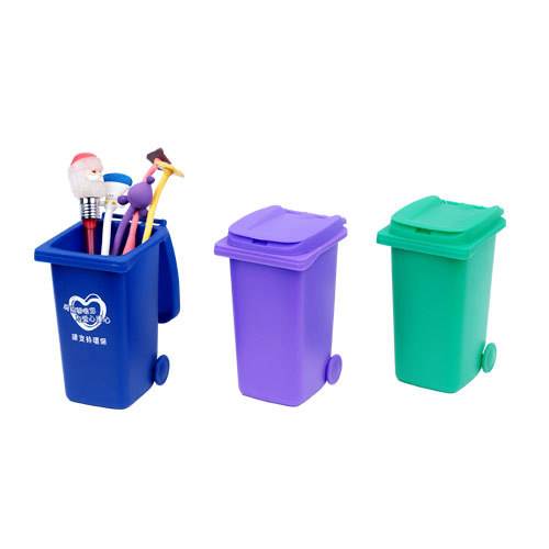 Trash can shaped pen holder for recycled pen