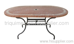 Wrought iron and ceramic mosaic oval dining table with parasol base