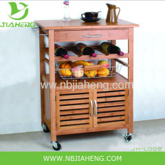 Bamboo And Metal Kitchen Trolley With Big Storage Cabinet And Wine Rack
