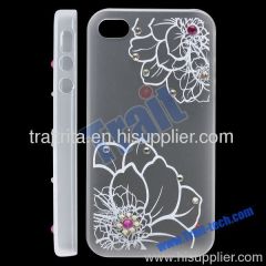 Transparent Flower Pattern with Diamonds Plastic Hard Case Cover for iPhone 4S (White)