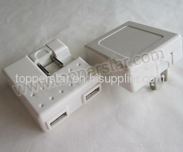 Dual USB AC Foldable Charger, Suitable for GPS, PDA, iPod/iPhone and Digital Cameras