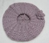 acrylic pink color double layer knitted beret with flower and lurex