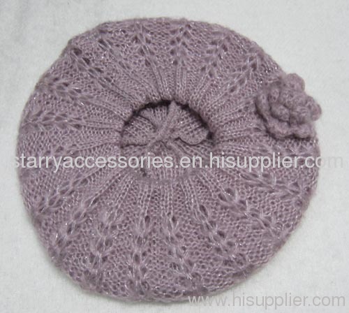 acrylic pink color double layer knitted beret with flower and lurex
