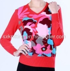 Ladies V Neck Long Sleeve Knit jacquard sweater