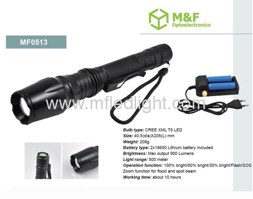New arrival 900 lumens super bright zoomable flashlight with xml t6 led+18650 battery+charger
