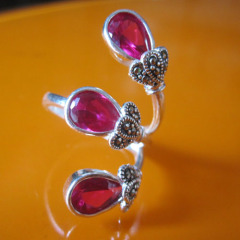 925 Thai silver synthetic ruby and marcasite ring,sterling Thai silver jewelry
