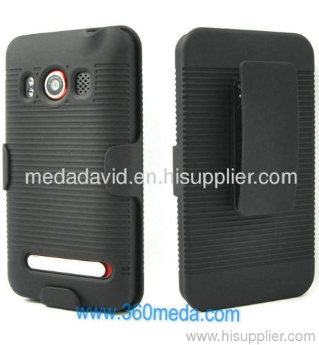 SPRINT HTC EVO 4G RIBBED BLACK PROTECTIVE CASE + BELT CLIP HOLSTER W STAND ~NEW