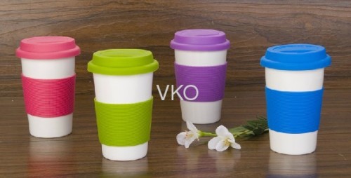 White Ceramic Coffee Mug With Silicone Grip And Lid