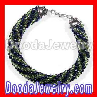 Crocheted Bead Bracelet Made Of Green Black Seed Beads