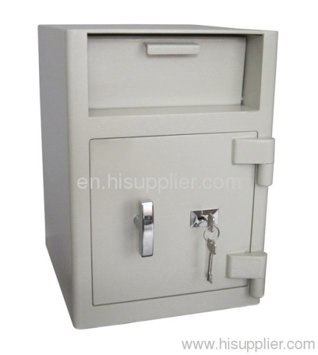 Front loading depository safes with high security double bitted key lock.