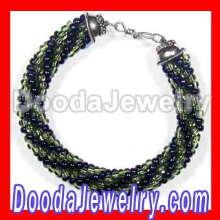 Crocheted bead bracelet made of green & black seed beads wholesale