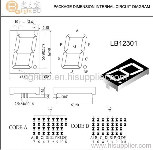 High luminous intensity Single-Digit 57 mm 7 segment led display for various colours available