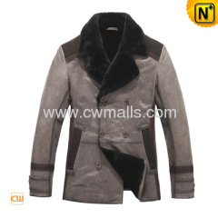 Mens Double Breasted Lamb Fur Lined Leather Trench Coat