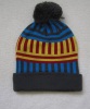 Multi color acrylic mens knitted hat with pom-pom