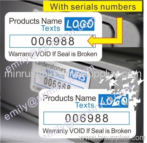 Custom destructible label with sequence numbers or barode&QR code printing