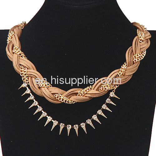 Fashion Gold Chunky Braided Chain Leather Necklace Wholesale