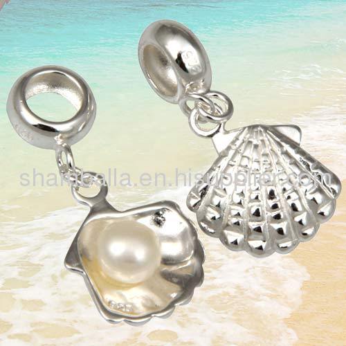 925 Sterling Silver european Glass Pearl Shell Dangle Pendant Charm