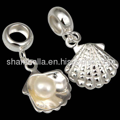 925 Sterling Silver european Glass Pearl Shell Dangle Pendant Charm