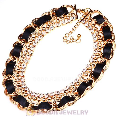 Gold Chain Chunky Rhinestone Handmade Leather Choker Necklace Wholesale