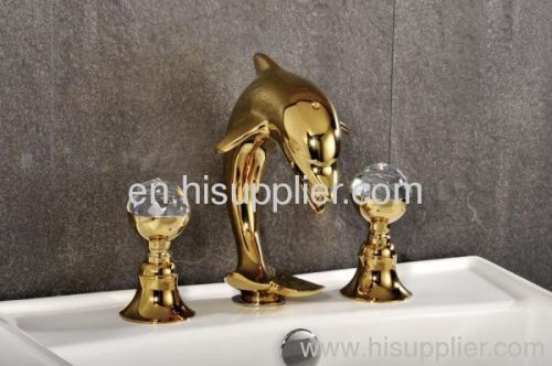 PVD GOLD WIDESPREAD LAVATORY BATHROOM SINK dolphin FAUCET with crystal handles