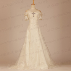 GEORGE BRIDE A Line Short Sleeves Lace Wedding Dress with Appliques