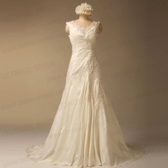 Silky Taffeta V Neck wedding dresses with Beaded Appliques