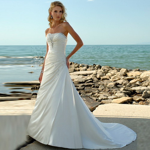 A Line Strapless Satin Beach Wedding Dresses With Beaded Details