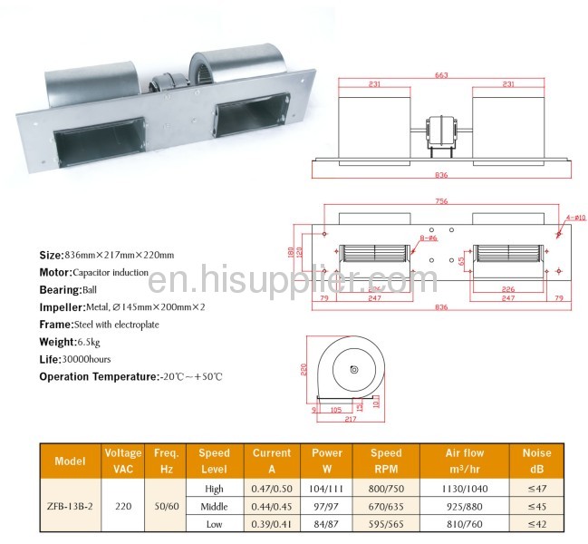 Crow flow fans 836mmx217mmx220 mm bearing ball 