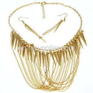 Tassel Chain Spike Bib Statement Necklace Earring Gold Necklace Set