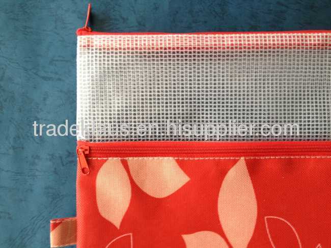 PVC with high-ranged oxford mesh double-zippers bag.