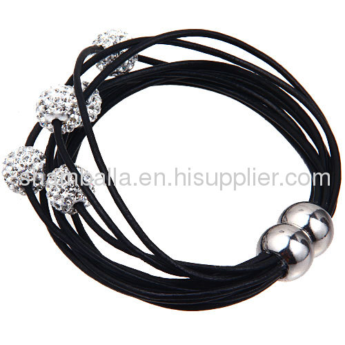 Wholesale Black Leather Crystal Bracelet Magnetic Clasp 