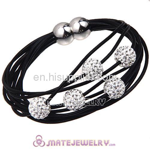 Fashion Shamballa Style Multi Strand Black Leather Bracelets Crystal Balls 