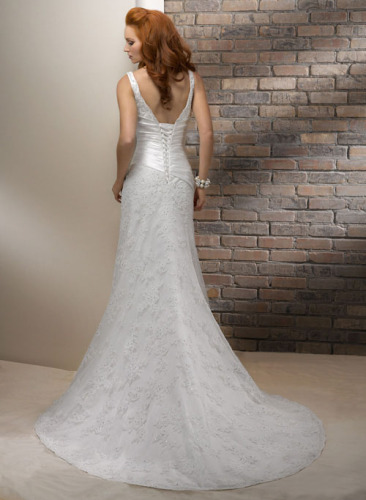 GEORGE BRIDE Sexy Deep V Neck Lace Over Satin Court Train Wedding Dress
