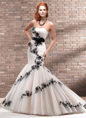 GEORGE BRIDE Mermaid Net Over Satin Chapel Train Wedding Dress With Black Appliques