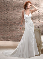 GEORGE BRIDE Beaded Halter Chiffon Chapel Train Beach Wedding Dress