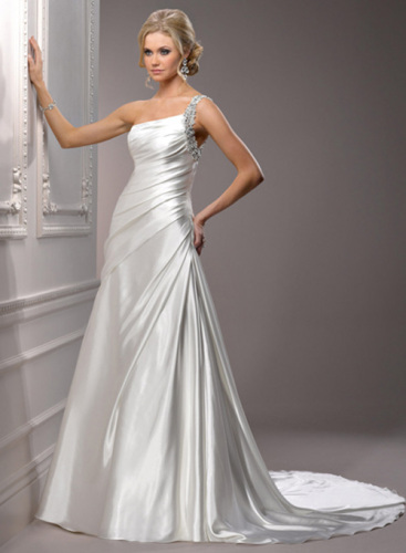 A line one shoulder wedding gown