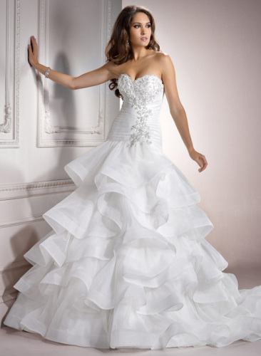 GEORGE BRIDE Tiered Ball Gown Organza Chapel Train Wedding Dress With Beaded Bodice